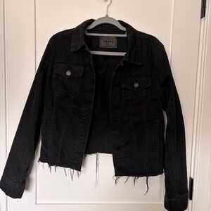 Blank NYC Cropped Black Denim Jacket Raw Hem Distressed Size M